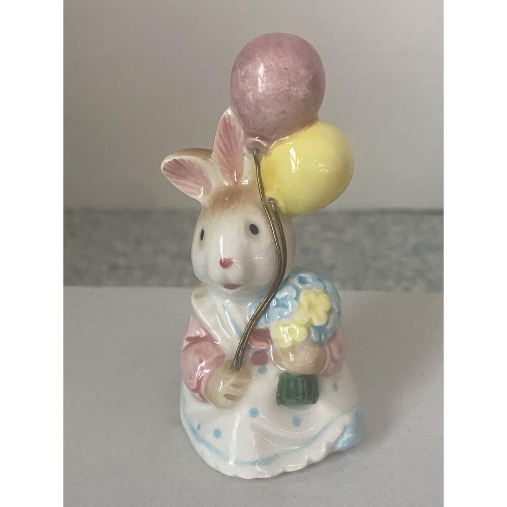 1987 Lefton Easter Bunny Rabbit Balloons Basket Flowers Figurine Geo. L. Lefton